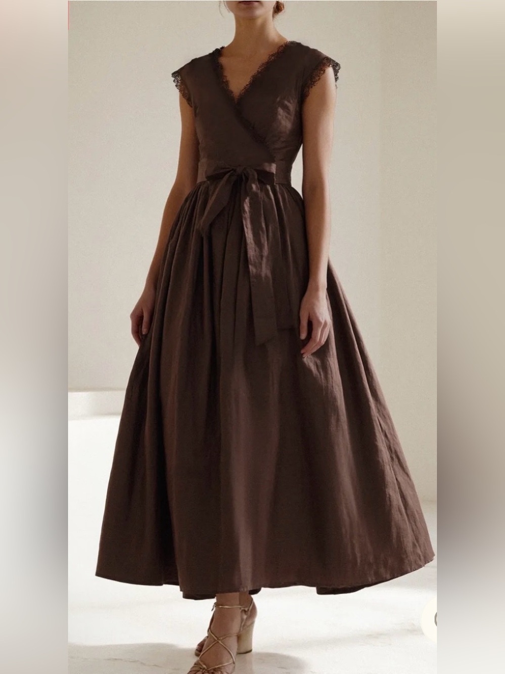Linen Vibes NWT Maxi Dress, Short Sleeve Lace Collar Brown Sz M